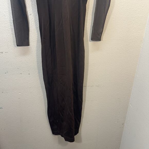 Vtg Tadashi Shoji Brown Long Mesh Sheer Sleeves Dress Formal Evening Gown SZ L - Picture 5 of 16